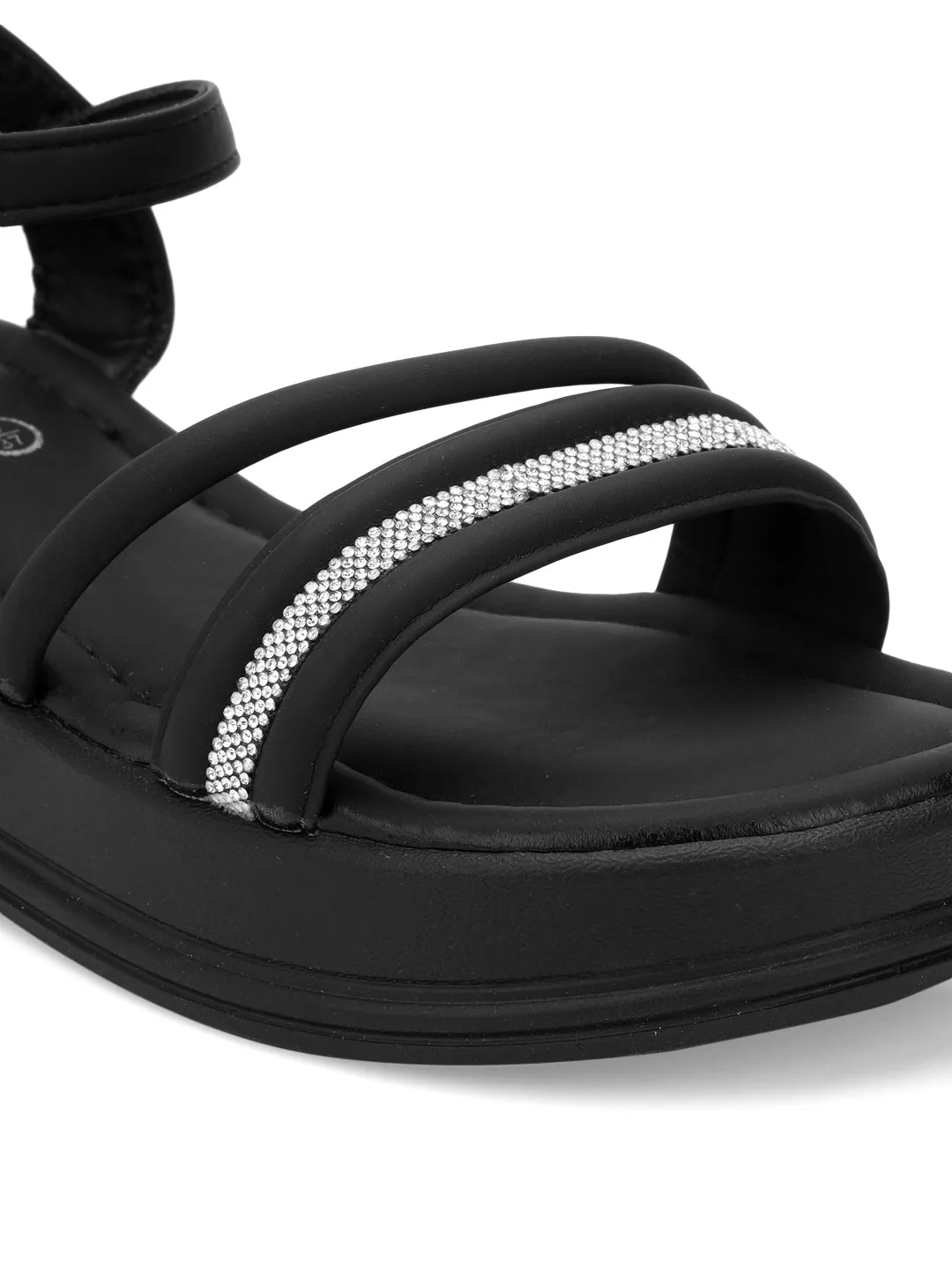 Schwarze PU-Diamant-Schnürung Schlupfflat (TC-RS3600-BLK)