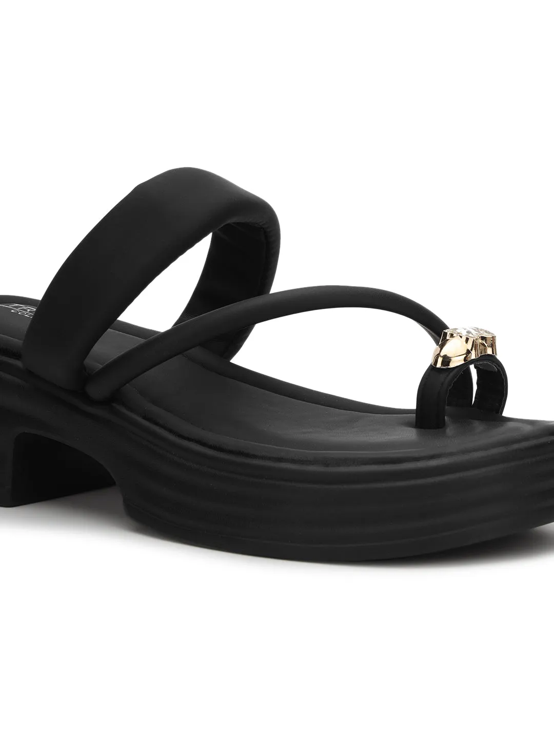 Schwarze PU-Diamant-Zehenring-Slip-On-Flats (TC-RS3596-BLK)