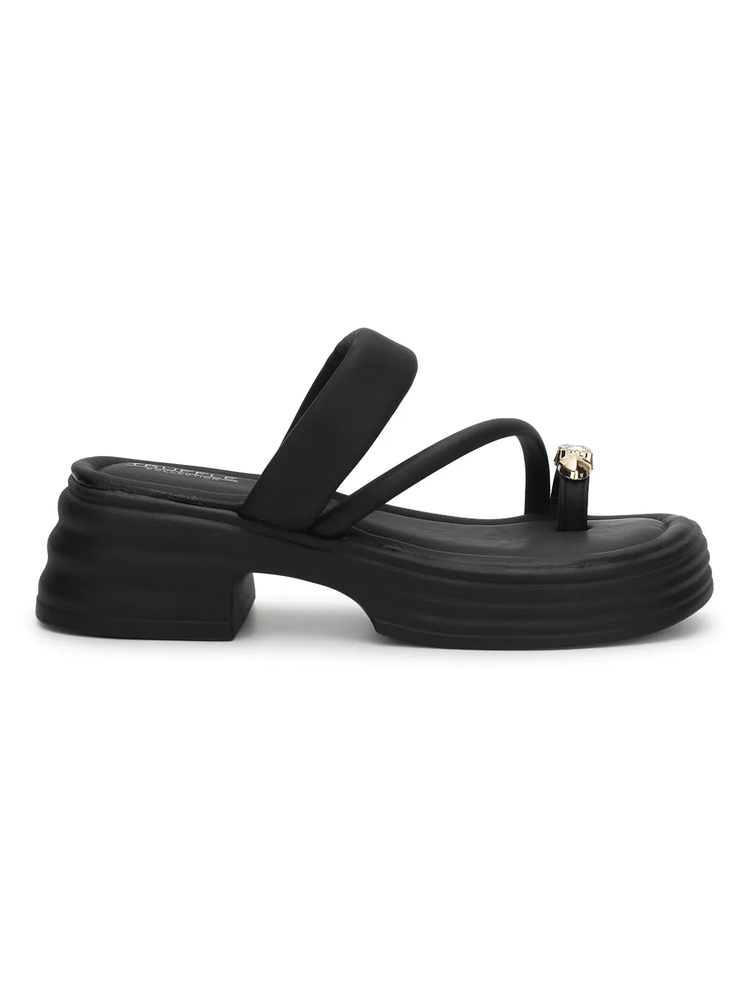 Schwarze PU-Diamant-Zehenring-Slip-On-Flats (TC-RS3596-BLK)