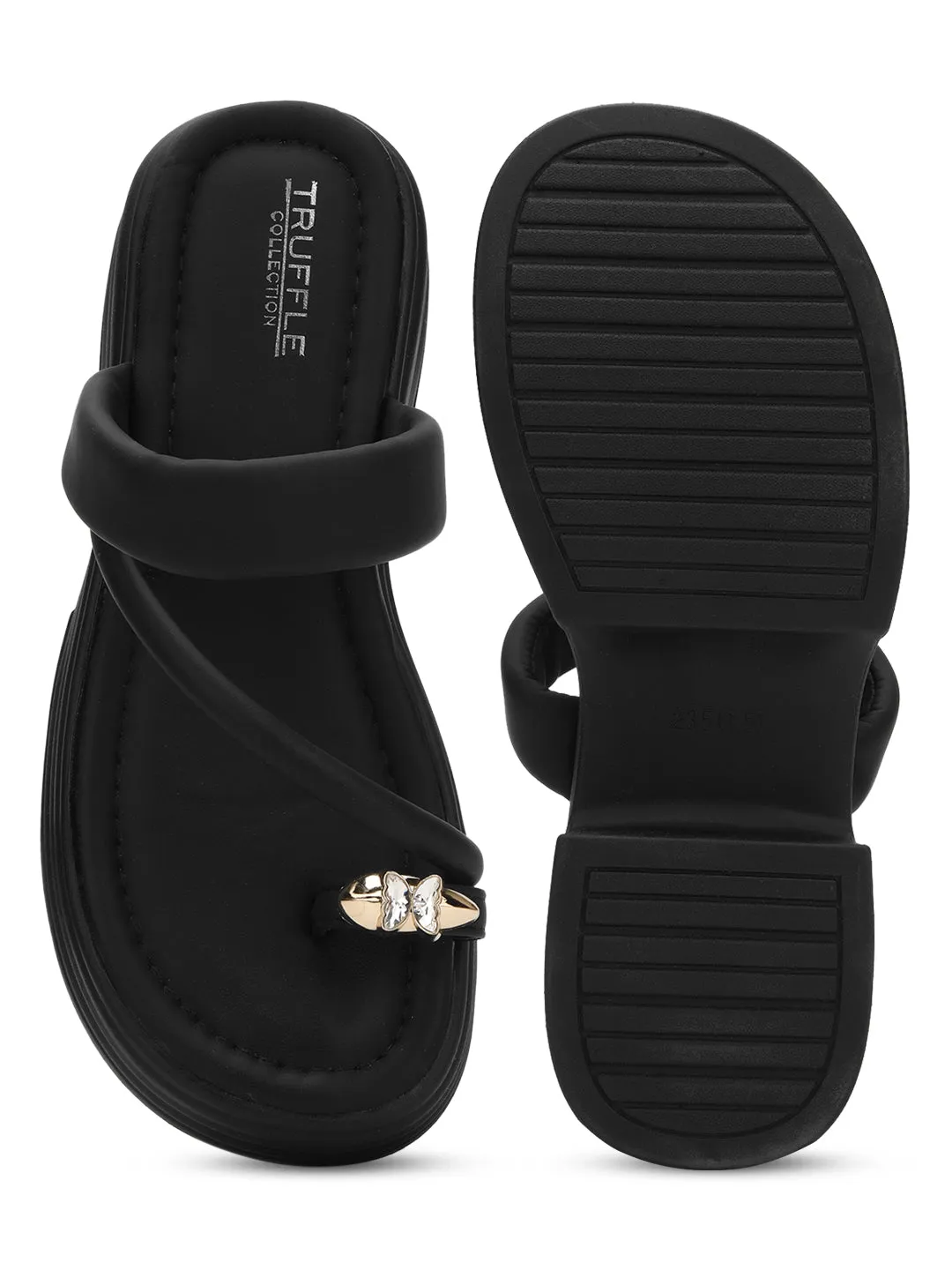 Schwarze PU-Diamant-Zehenring-Slip-On-Flats (TC-RS3596-BLK)