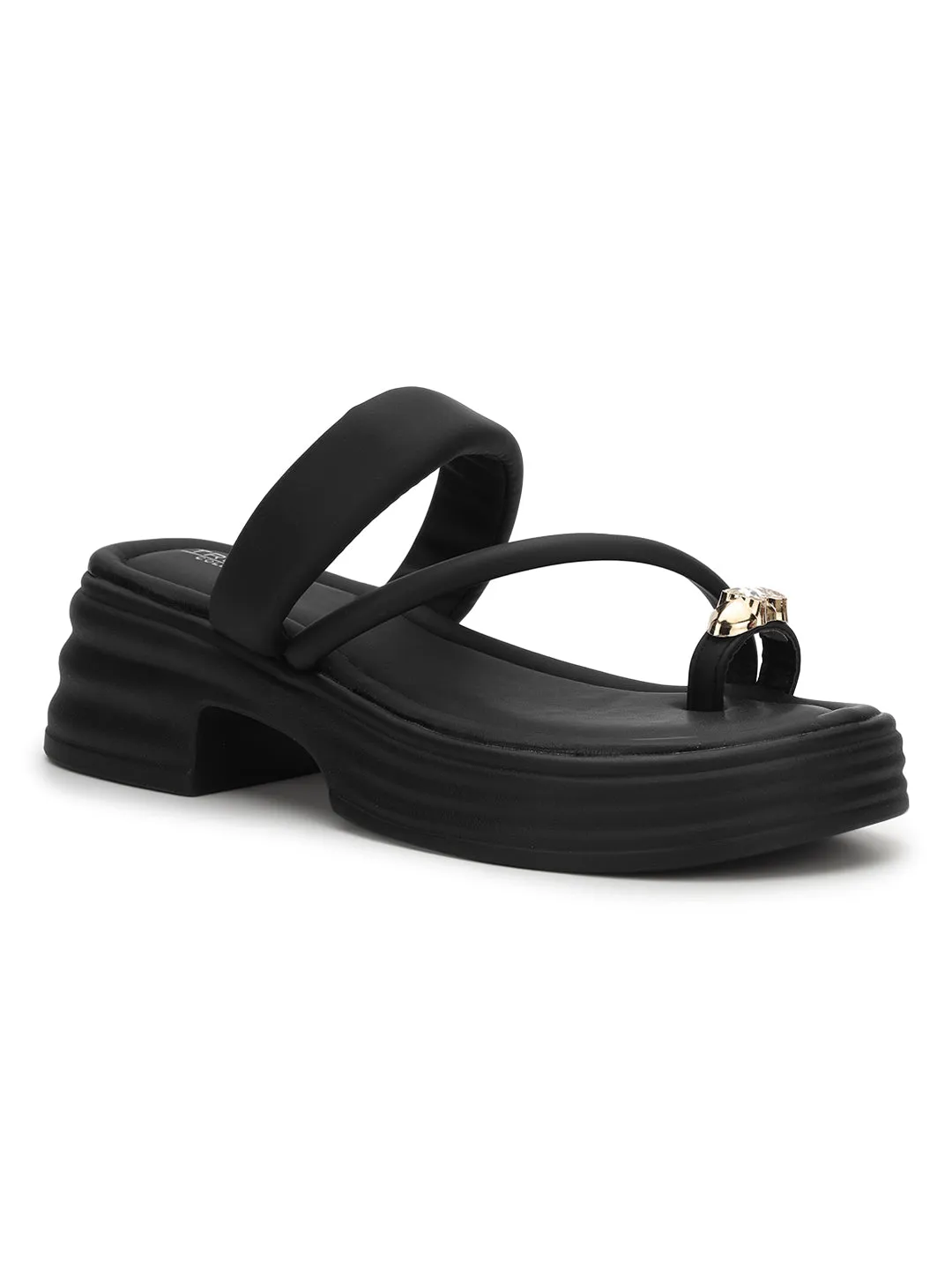 Schwarze PU-Diamant-Zehenring-Slip-On-Flats (TC-RS3596-BLK)