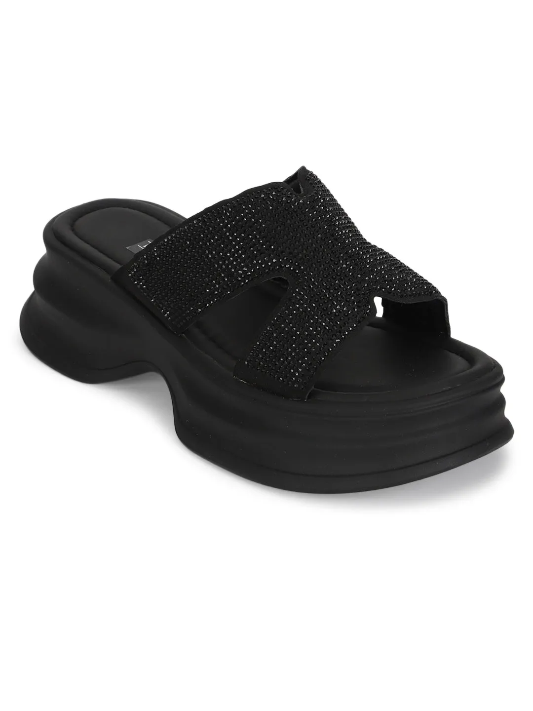 Schwarze PU-Diamant-Stylish-Slip-On-Flats (TC-RS3638-BLK)