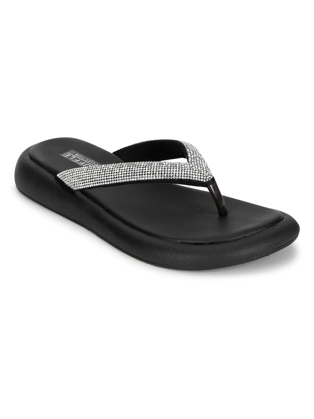 Schwarze PU-verzierte T-Band-Stylish Flats (TC-RS3639-BLK)
