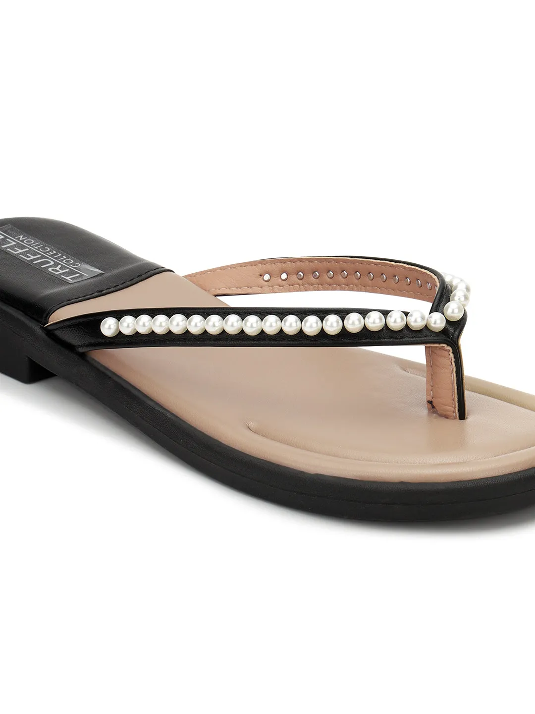 Schwarze PU-Perlen-Slip-On-Flats (TC-RS3594-BLK)