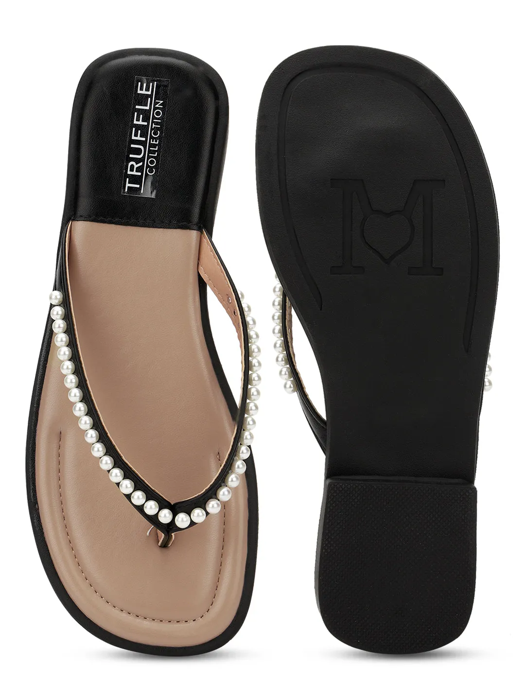 Schwarze PU-Perlen-Slip-On-Flats (TC-RS3594-BLK)