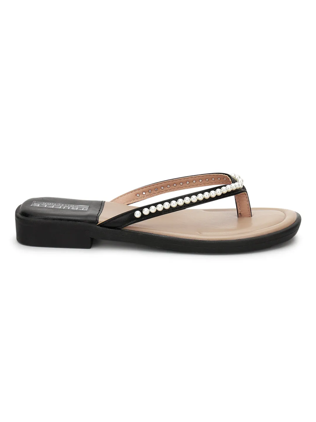Schwarze PU-Perlen-Slip-On-Flats (TC-RS3594-BLK)