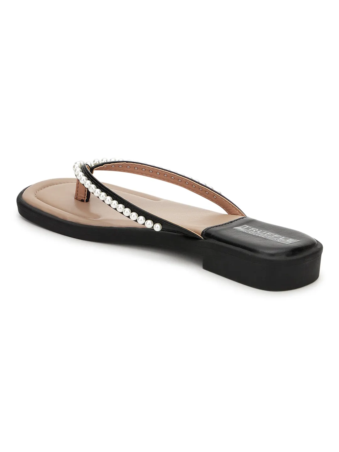 Schwarze PU-Perlen-Slip-On-Flats (TC-RS3594-BLK)