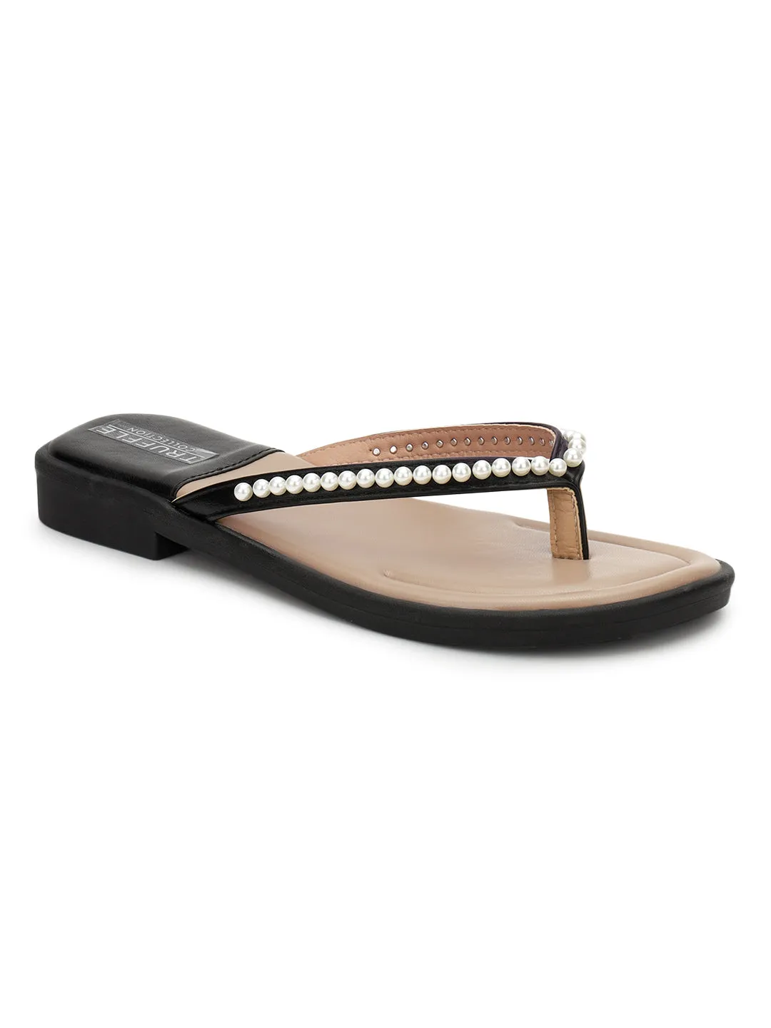 Schwarze PU-Perlen-Slip-On-Flats (TC-RS3594-BLK)