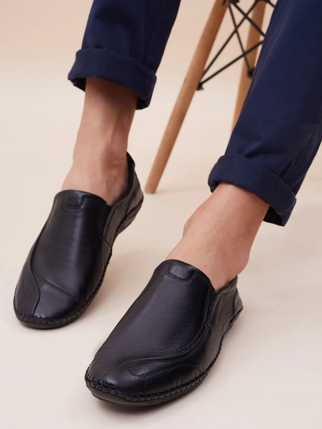 HITZ101 Herren Schwarze Leder Casual Slip-On Schuhe
