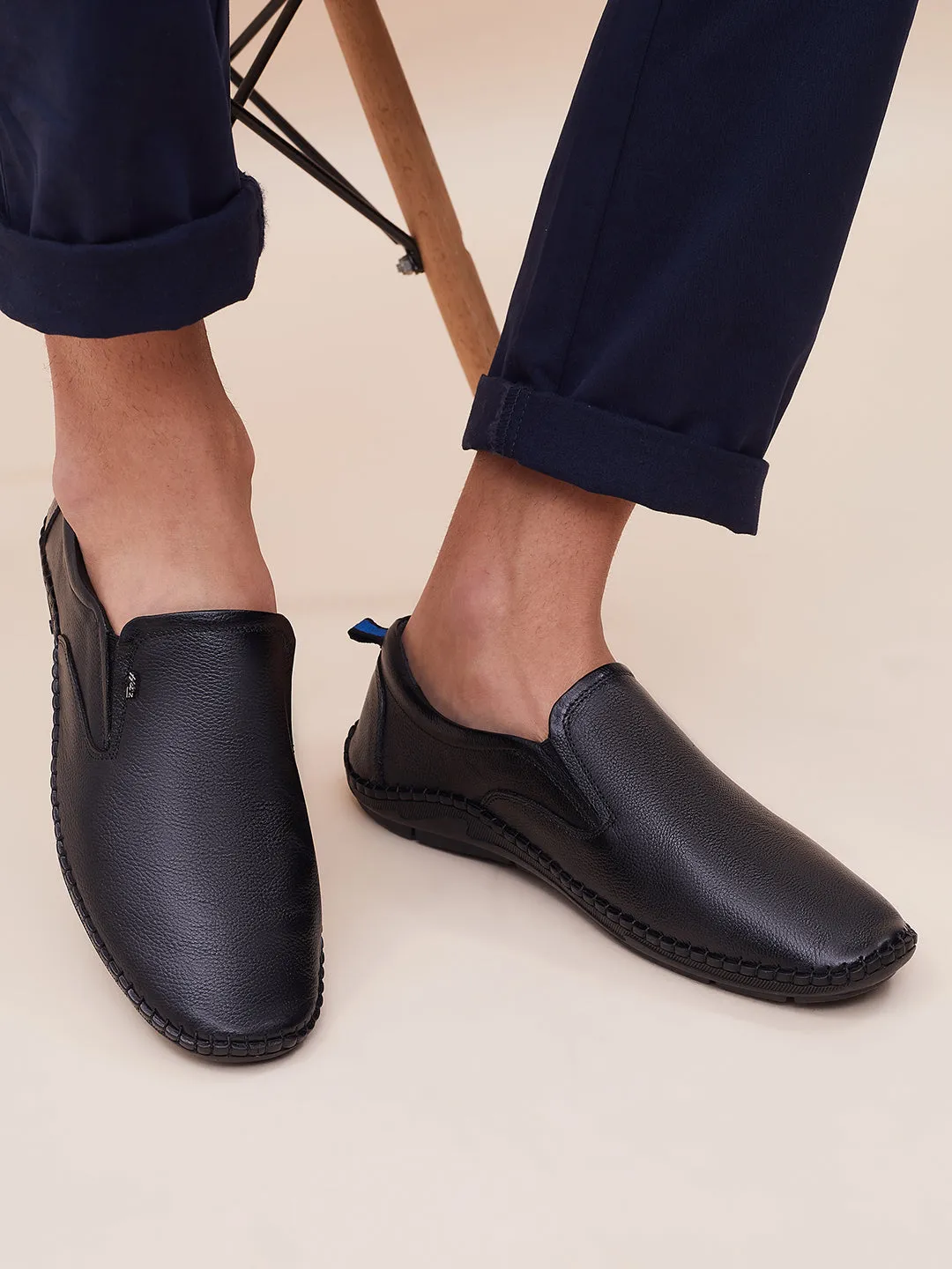 HITZ102 Herren Schwarze Leder Freizeit-Slip-On Schuhe