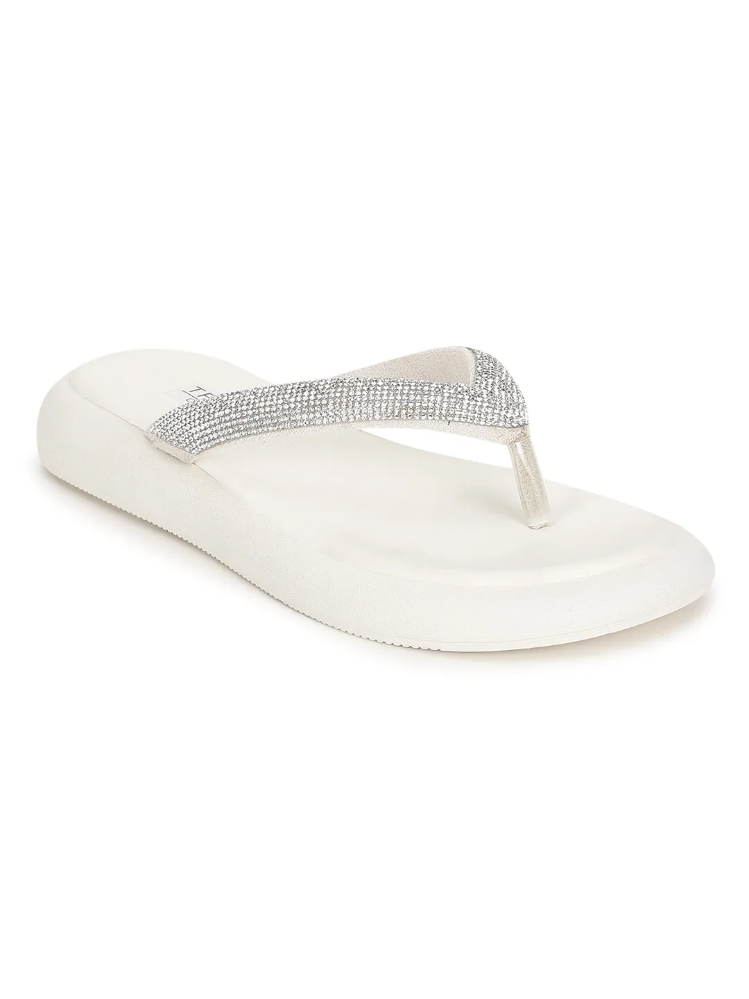 Off White PU Verzierter T-Riemchen Stilvolle Flats (TC-RS3639-OWHT)