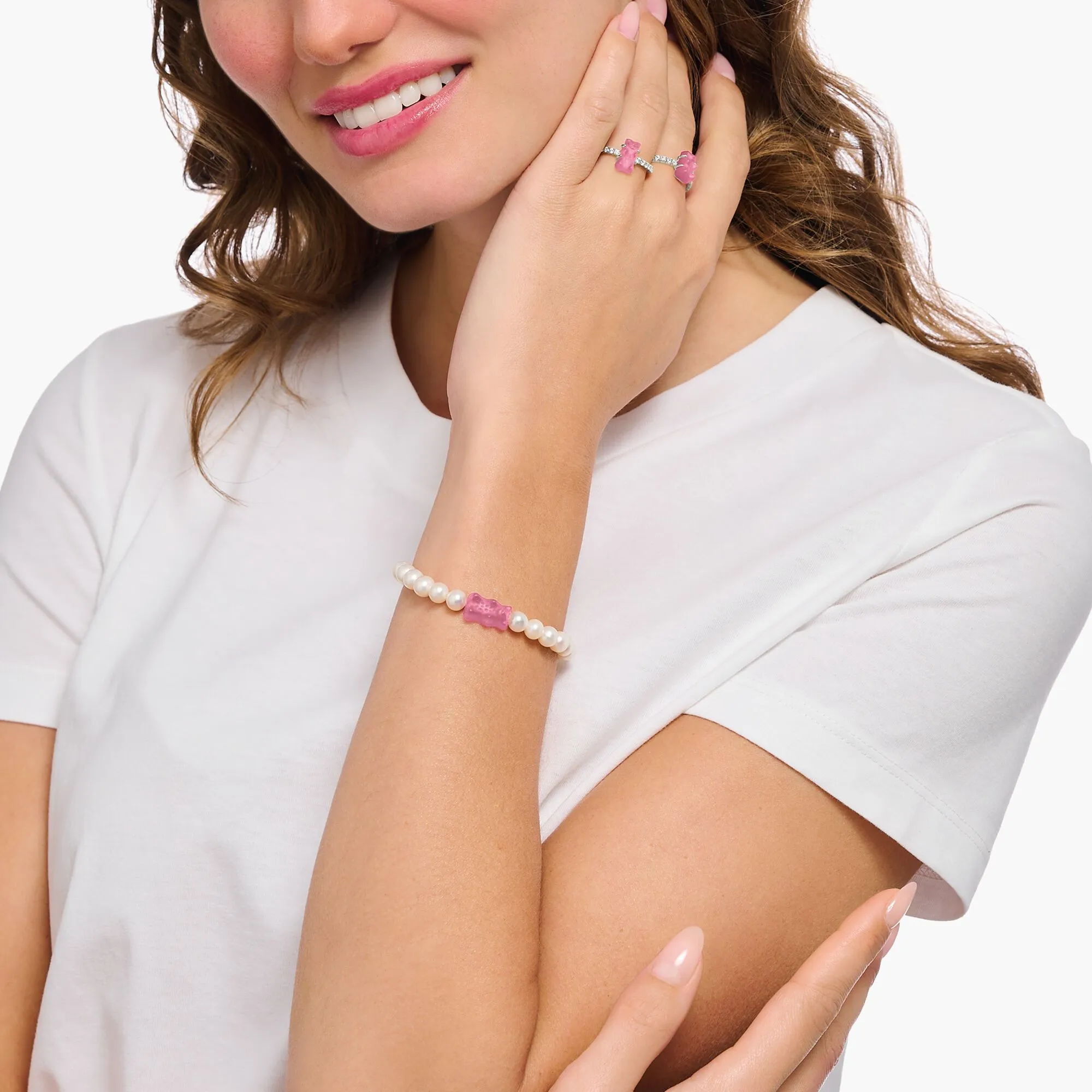 Thomas Sabo Damenarmbänder Perlenarmband mit rosa Goldbär Silber